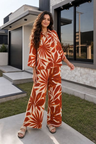 CHEMISE ET PANTALON IMPRIMÉE À BOUTONS